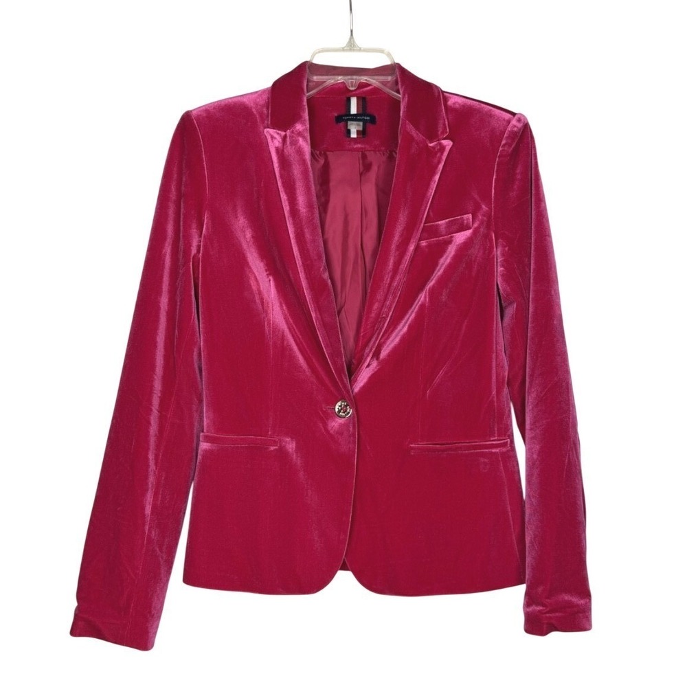 Tommy Hilfiger Hot Pink Velvet Blazer Womens Size 4 Barbiecore Statement‎ Jacket